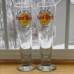 Hard Rock Cafe Maui SAVE THE PLANET Pilsner Beer Glass Set of 2 footed base EUC